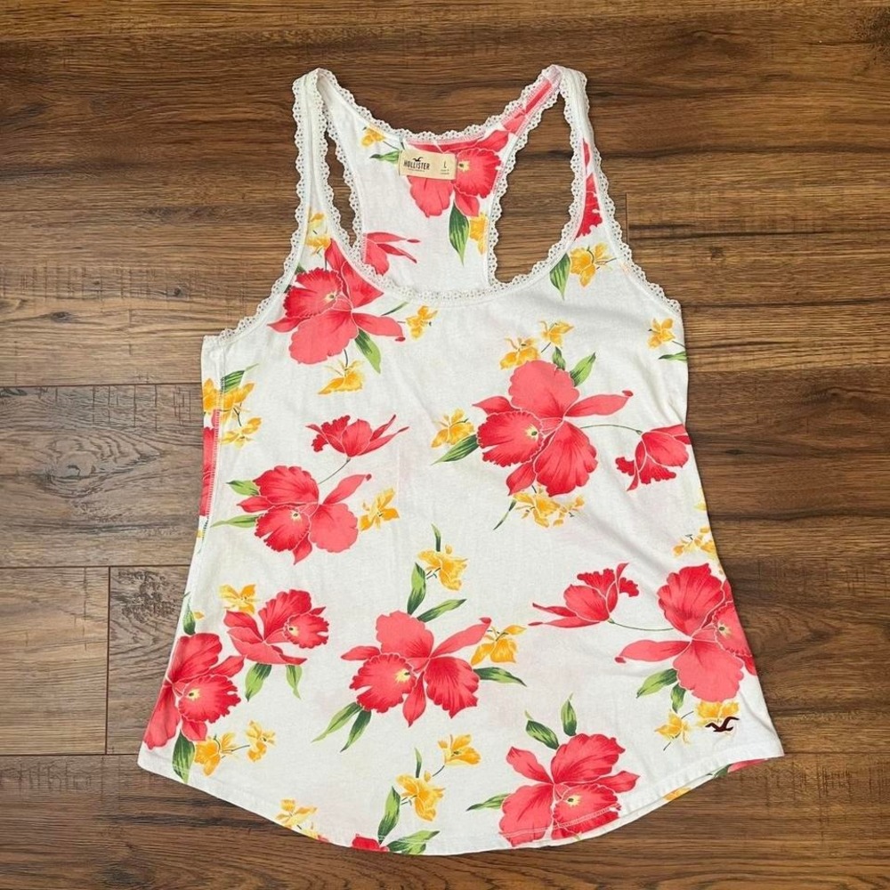 Hollister Floral Racerback Tank Cami Women Large Cotton Lace Trim Y2K Preppy